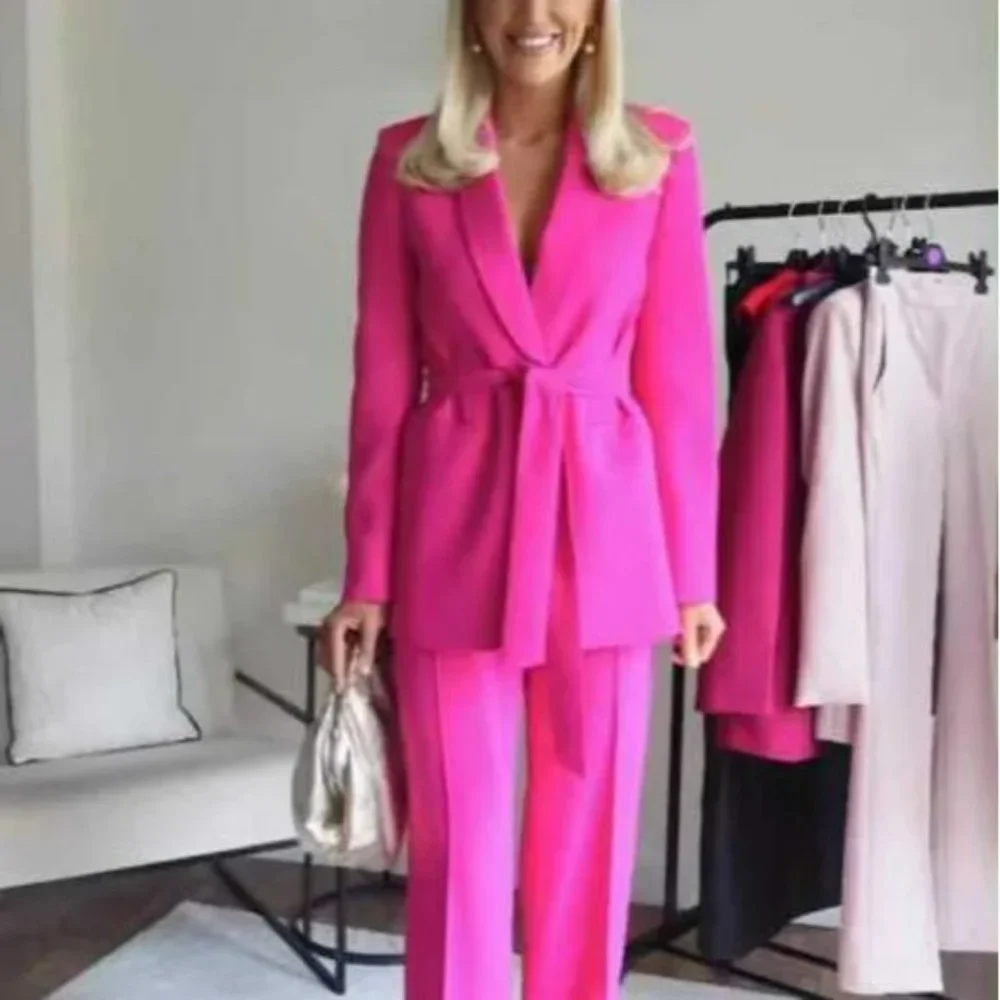 ZARA BELTED TUXEDO COLLAR BLAZER NEON FUSCHIA - Picture 9 of 13